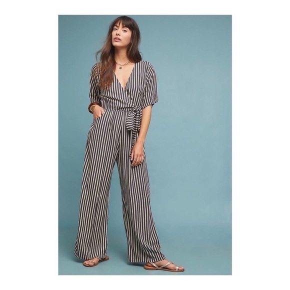 Beachgold Anthropologie lillia stripe faux wrap jumpsuit short sleeve size SP - Picture 1 of 8